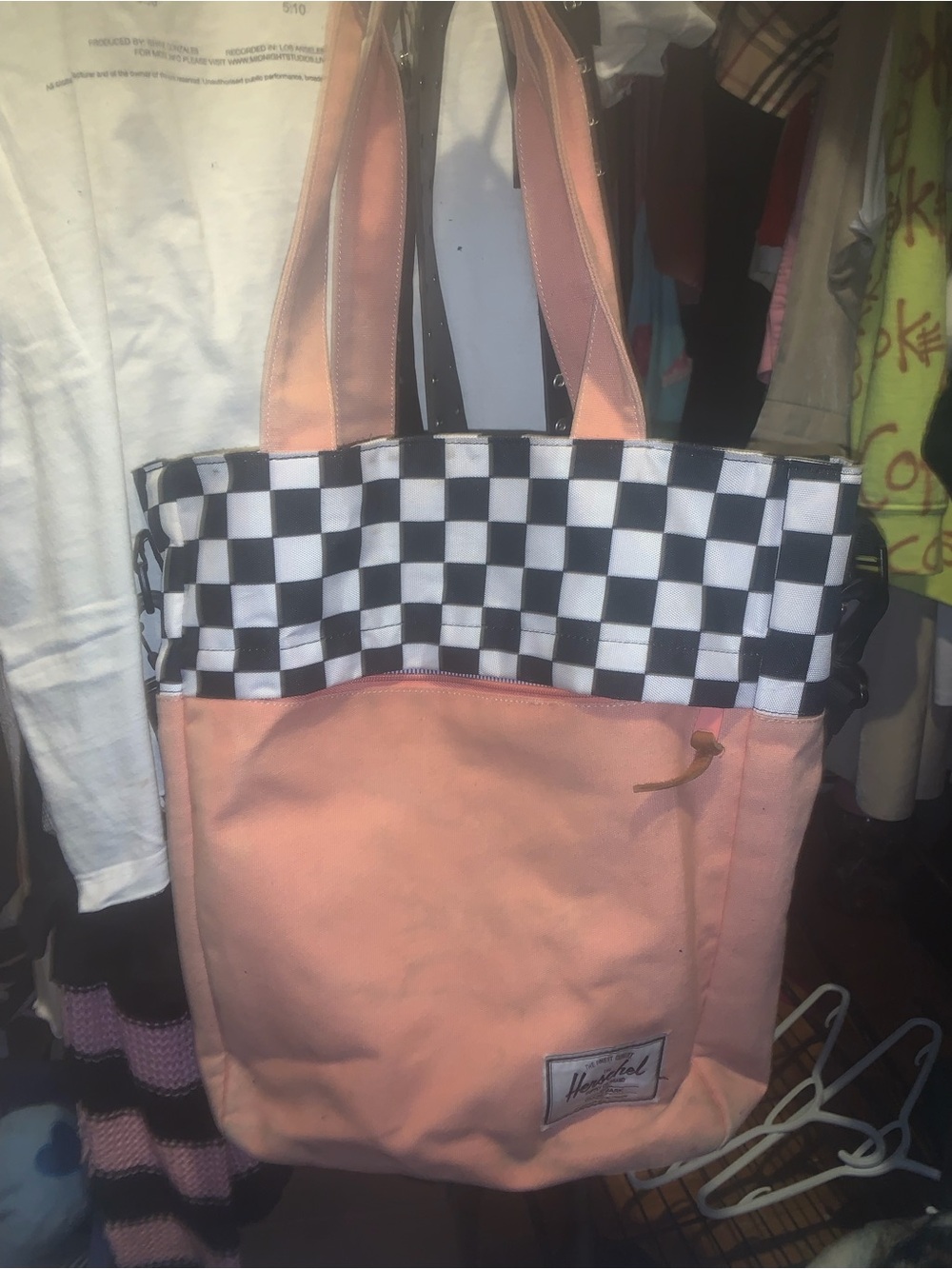 Herschel Supply Company Peach Canvas Tote with Black-and-White Checkered Trim